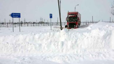 Camioane încărcate cu mărfuri blocate cu zăpadă într-o parcare