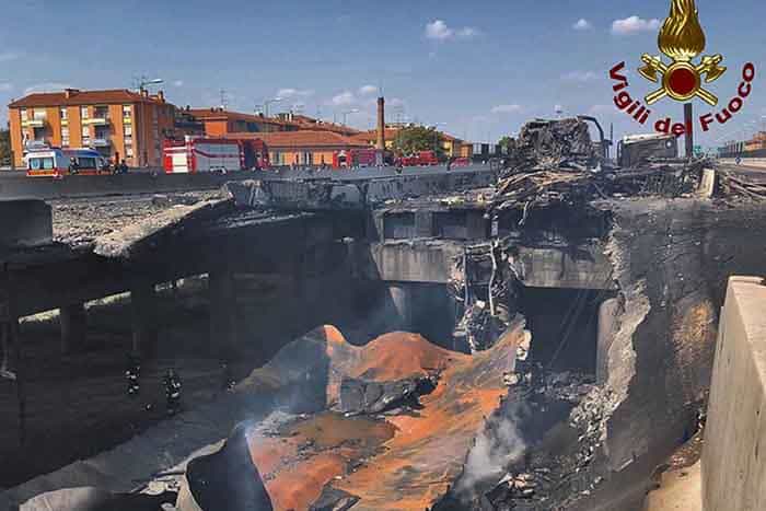 Tragedia de la Bologna lasă în urmă mai multe semne de întrebare 1 Tragedia de la Bologna, în care o cisternă încărcată cu gaz a explodat în urma impactului violent cu un alt camion staționat în trafic, lasă în urmă multe întrebări.