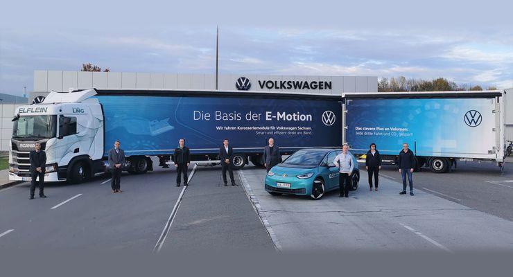 Camioane Scania ultra-lungi cu LNG utilizate în logistica Volkswagen