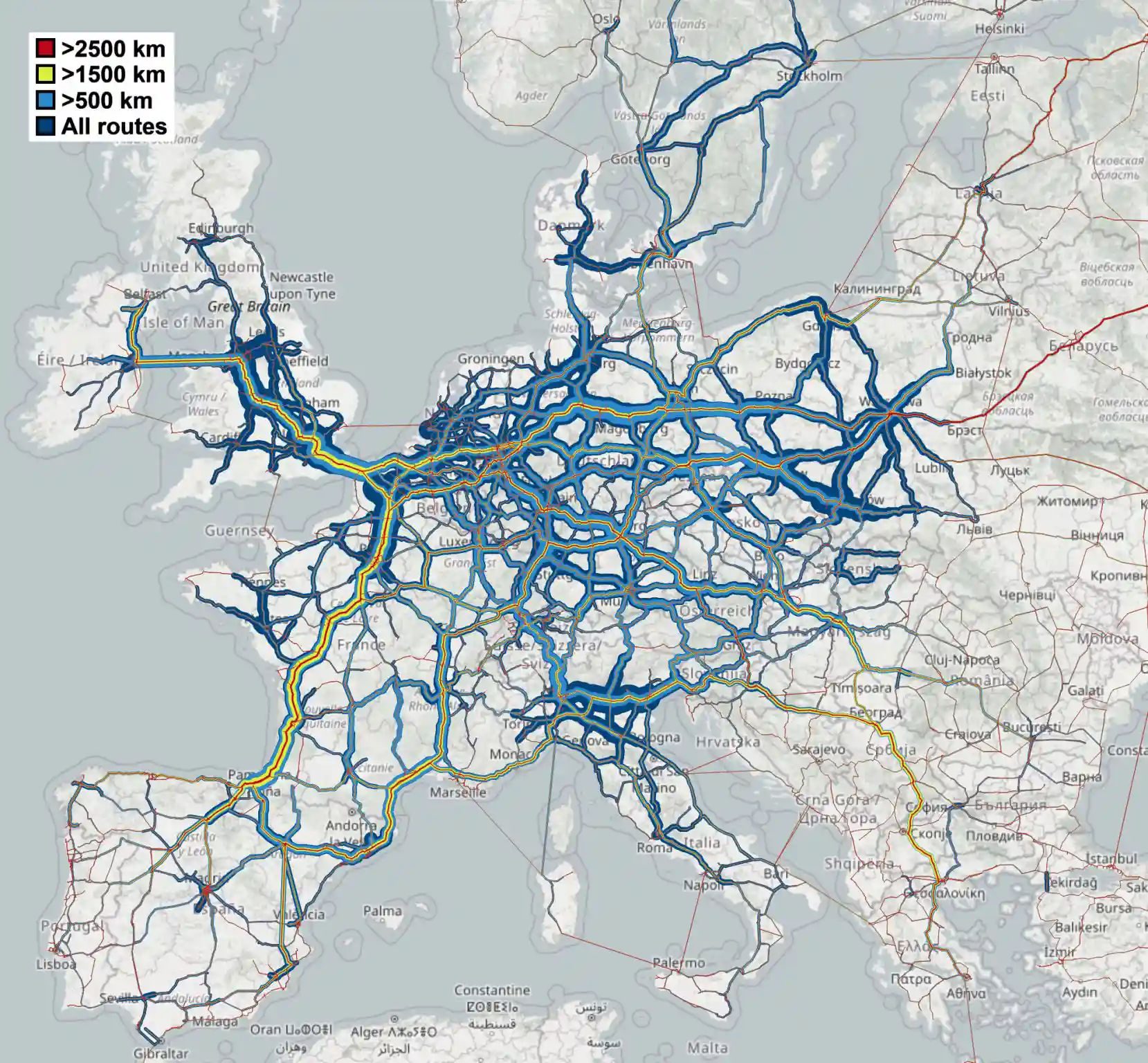 Harta traficului de camioane în Europa dezvăluie coridoarele strategice pentru infrastructura de încărcare electrică 2 Harta care arată fluxurile anuale de camioane pe principalele coridoare europene de transport
