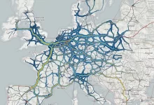 Harta care arată fluxurile anuale de camioane pe principalele coridoare europene de transport