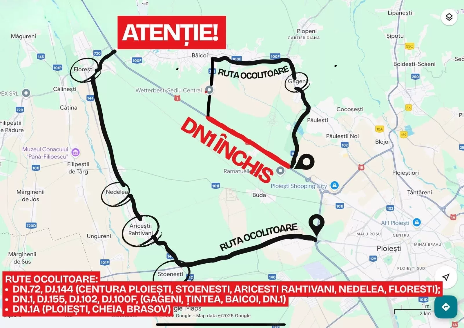 DN1 se închide temporar la Movila Vulpii: trafic deviat din 24 noiembrie